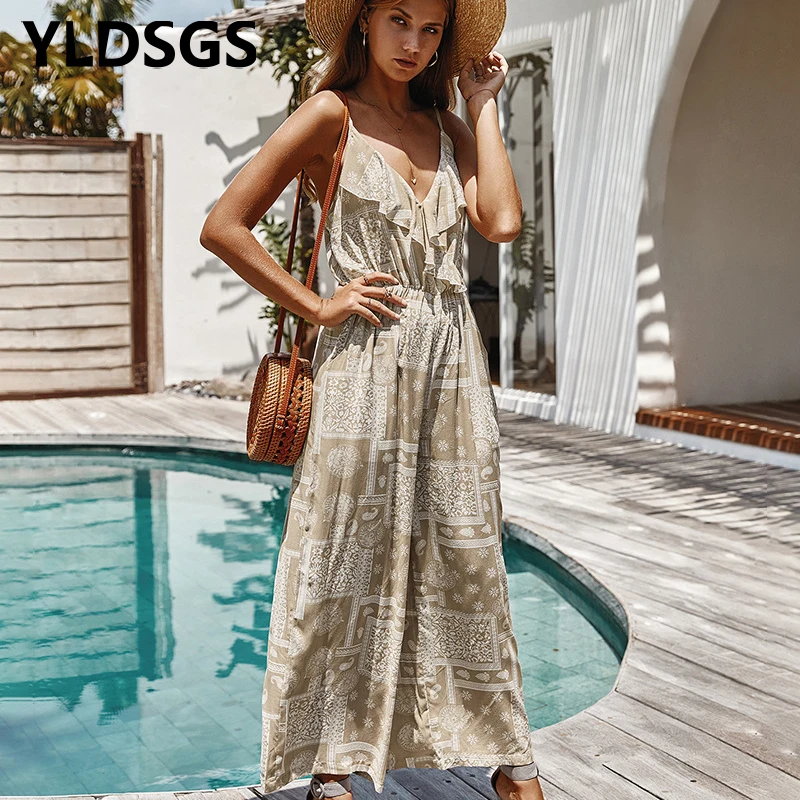 

2021 New Floral Print Female Jumpsuit Elegant Halter Jumpsuit Women'S Long Jumpsuit Summer Beachwear Sexy Wrap Jumpsuit