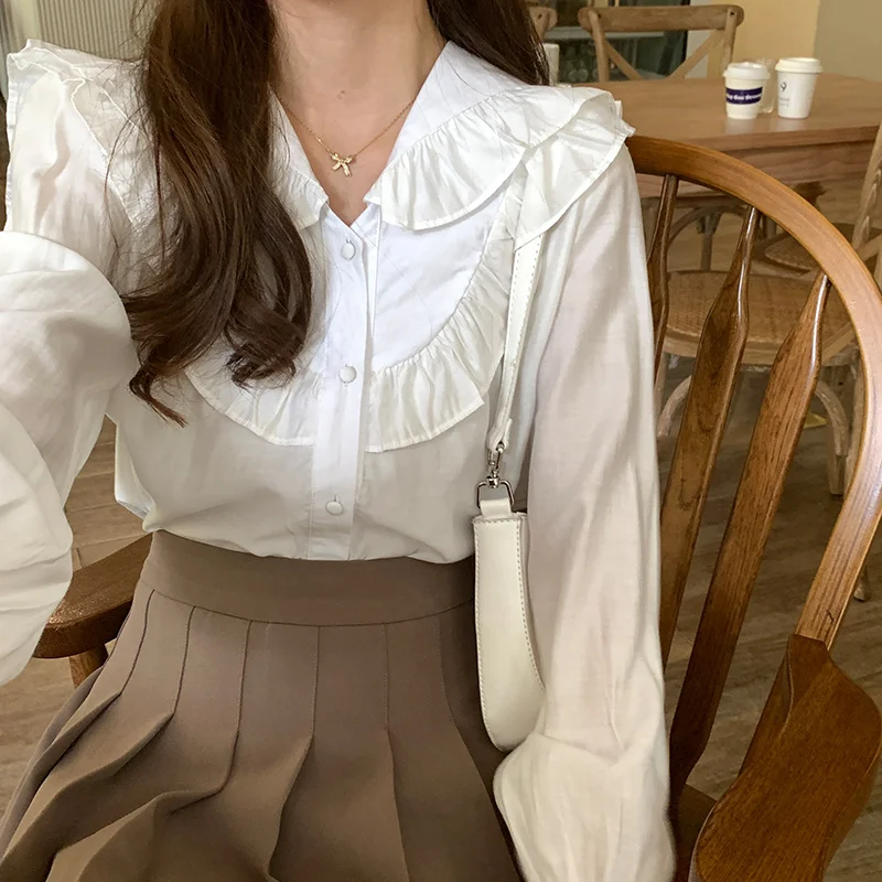 Топ женский с двойным воротником милая шикарная Свободная белая рубашка в