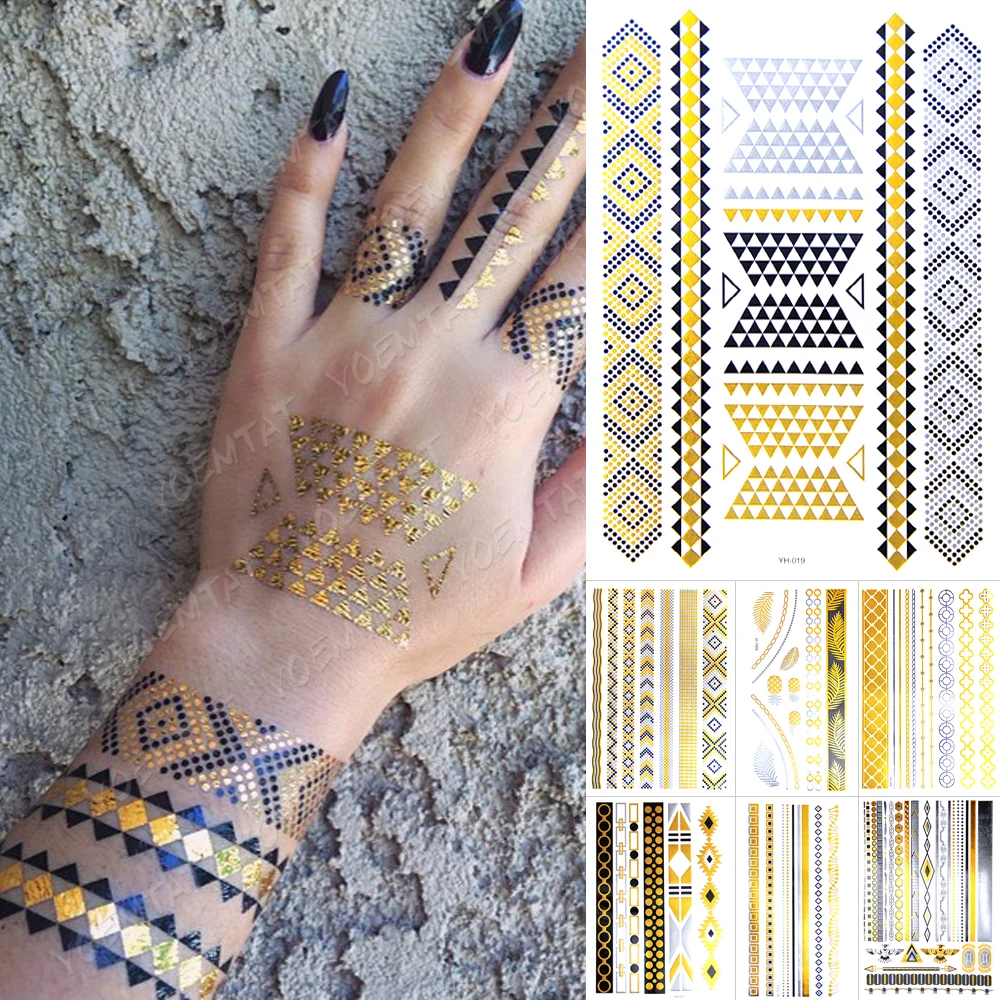 

Waterproof Temporary Tattoo Sticker Chain Bracelet Gold Silver Black Metallic Flash Tatoo Boho Party Jewelry Glitter Body Art