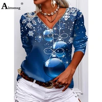 aimsnug plus size women fashion leisure t shirt 2021 christmas bubble print womens top long sleeved v neck tees shirt femme 5xl