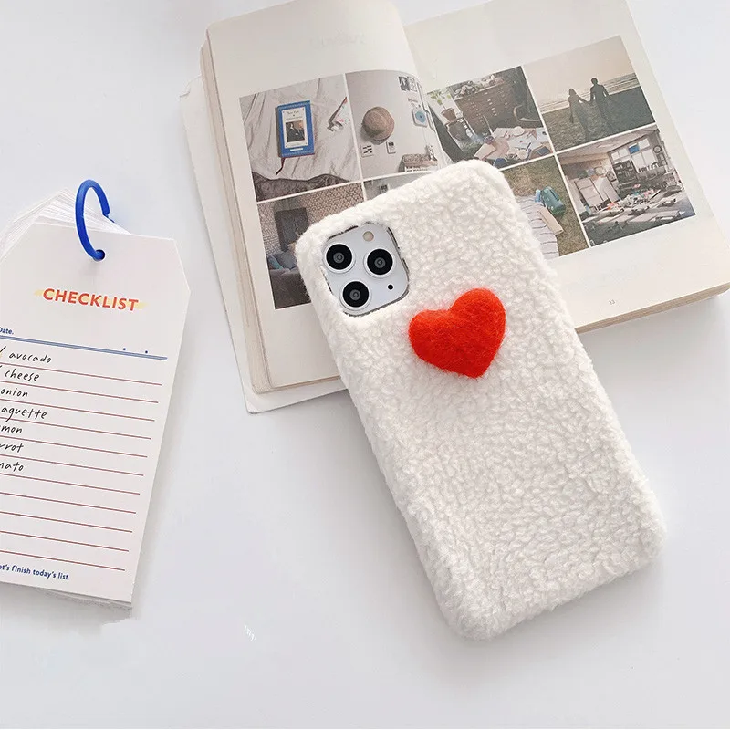 Kawaii теплый плюшевый чехол для телефона с сердечком Iphone 11 Pro Max X Xr Xs 6 7 8 Plus Пушистый
