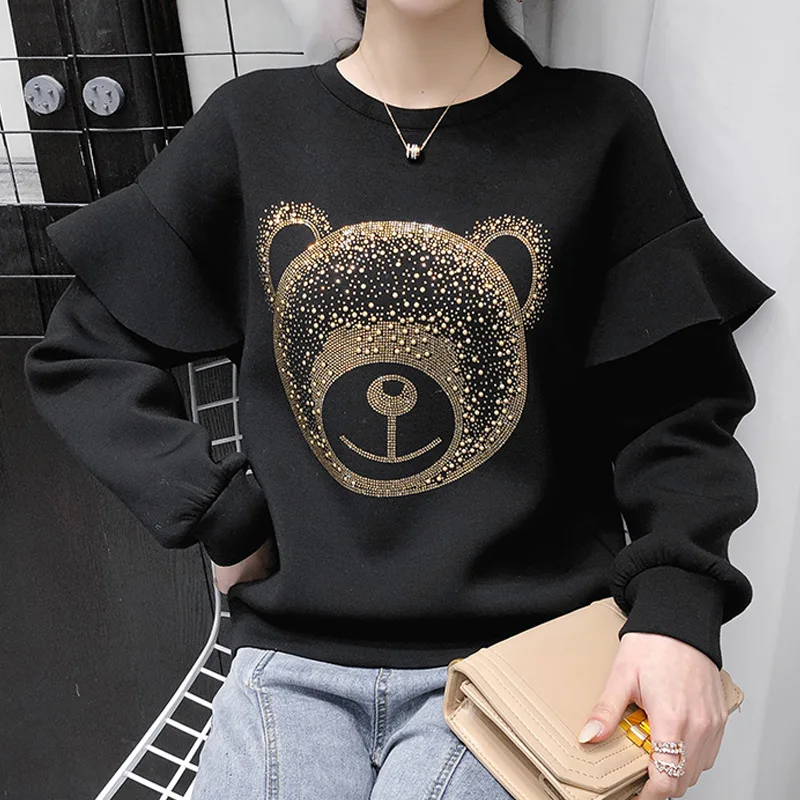 

Fashion Heavy Industry Diamonds Cartoon Bear Black Sweatshirt Women Hoodies Ruffles Long Sleeve 2021 Autumn Winter Pullover Tops