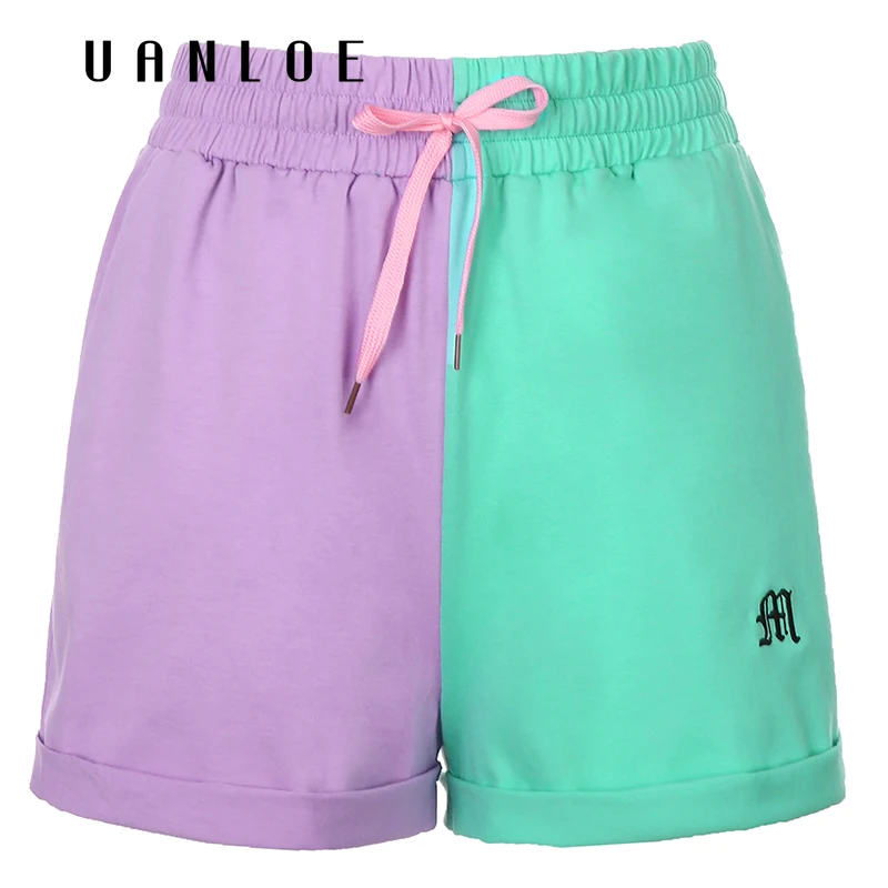 

Женские повседневные шорты контрастных цветов в стиле пэчворк, летние шорты с высокой талией и завязками, уличные спортивные шорты для бега