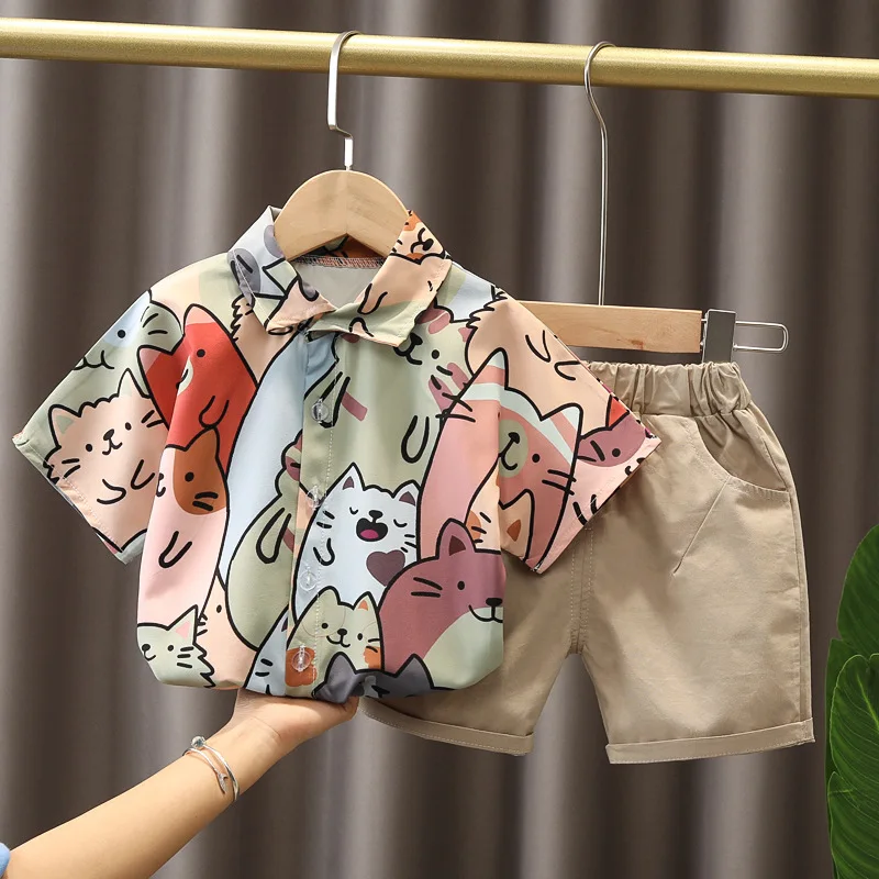 

2021 New Summer Baby Boys Clothing Sets Kids Breathable Sweat-Absorbent 2 Pieces Toddler Cartoon Cat Loose Casual Wear 0-5 Years