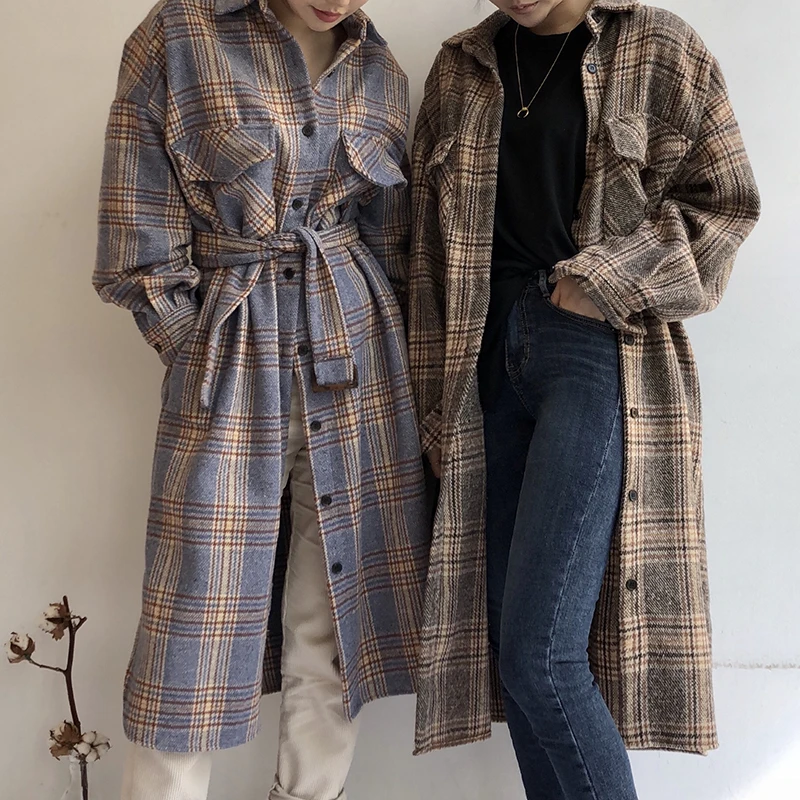 

2021 New Korean Fashion Retro Commute Wild Contrasting Checkered Lapel Single-breasted Belt Loose Long-sleeve Woolen Coat Jacket