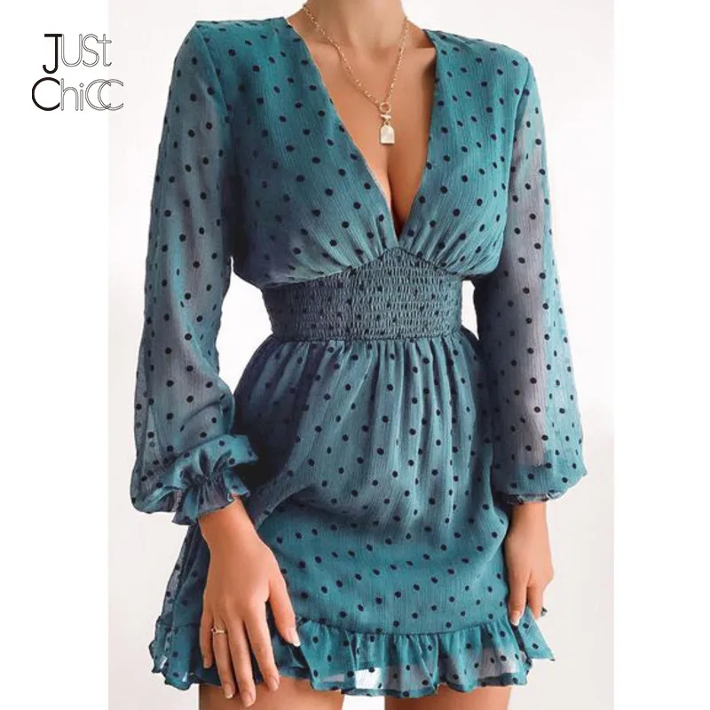 Платье Justchicc женское шифоновое в горошек пикантное пляжное зеленое с глубоким