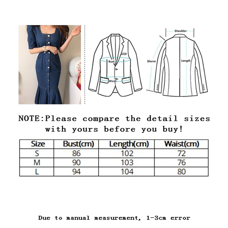

SLLSKY Women Chic Fashion Elegant Denim Dress Square Collar Solid Casual Blue Trumpet Female Summer Simple Office Lady Dresses