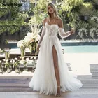 Свадебное платье невесты, со съемными длинными рукавами, со складками и высоким разрезом, мягкий кружевной тюль