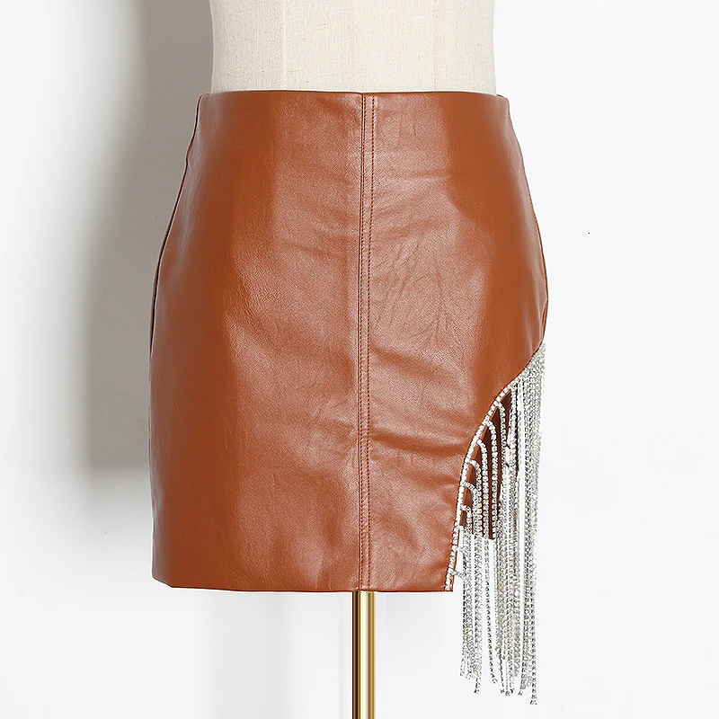 

GALCAUR Coffee Patchwork Tassel Skirts For Women High Waist Mini Pu Bodycon Skirt Female 2020 Autumn Fashion New Clothing Tide