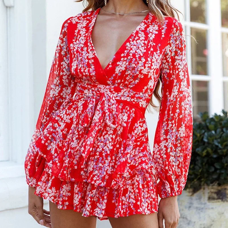 

2021 Summer New Women's Dress V-neck Mini Dress Bodycon Dresses Fashion Women Chiffon Ruffles Dress High Waist One-piece Suit