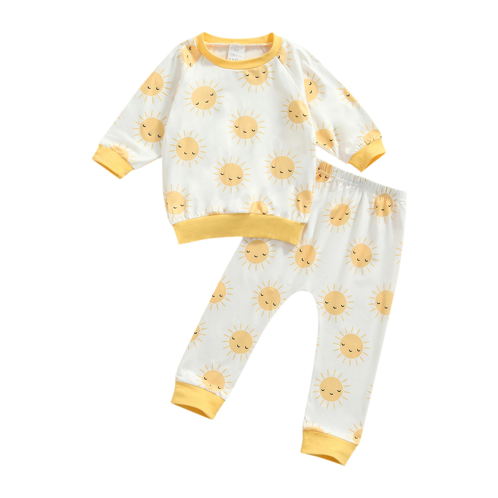 

Children Two-piece Nightwear Set Sun Printed Pattern Round Collar Tops and Elastic Waist Pants, 6 Months-4 Years
