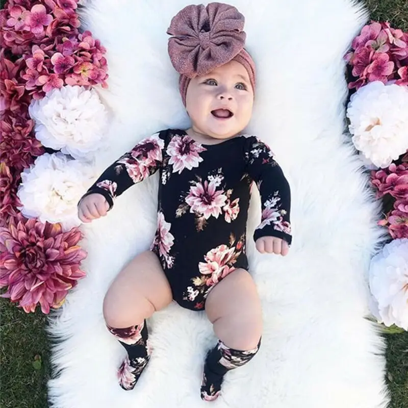 

0-18M Autumn Newborn Infant Baby Girl Flower Long Sleeve Jumpsuit Floral Romper Leg Warm Socks Outfit