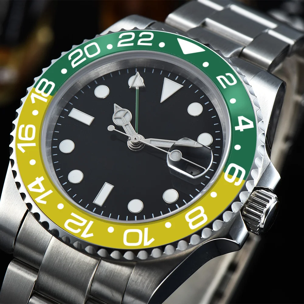 Часы GMT Мужские автоматические новые зеленый желтый ободок стальной чехол браслет 40 мм асептическая светящаяся рука сапфировое стекло RL12