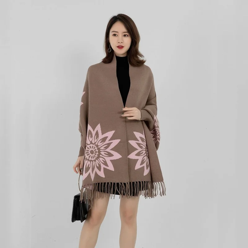 

2021 autumn and winter new style shawl women's knitted cardigan mid-length fringed cloak sweater jacket women's cloak top
