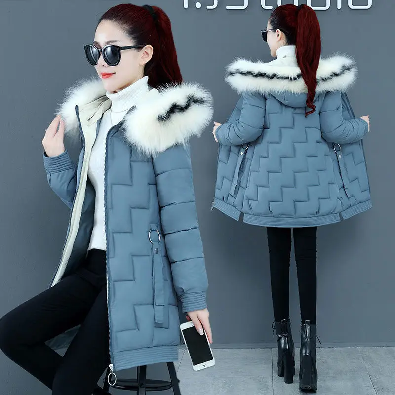 

Women Parkas Padded Winter Coat Hooded Slim Warm Cotton Outwear 2021 New Fashion Fur Collar Solid Jacket High Quality