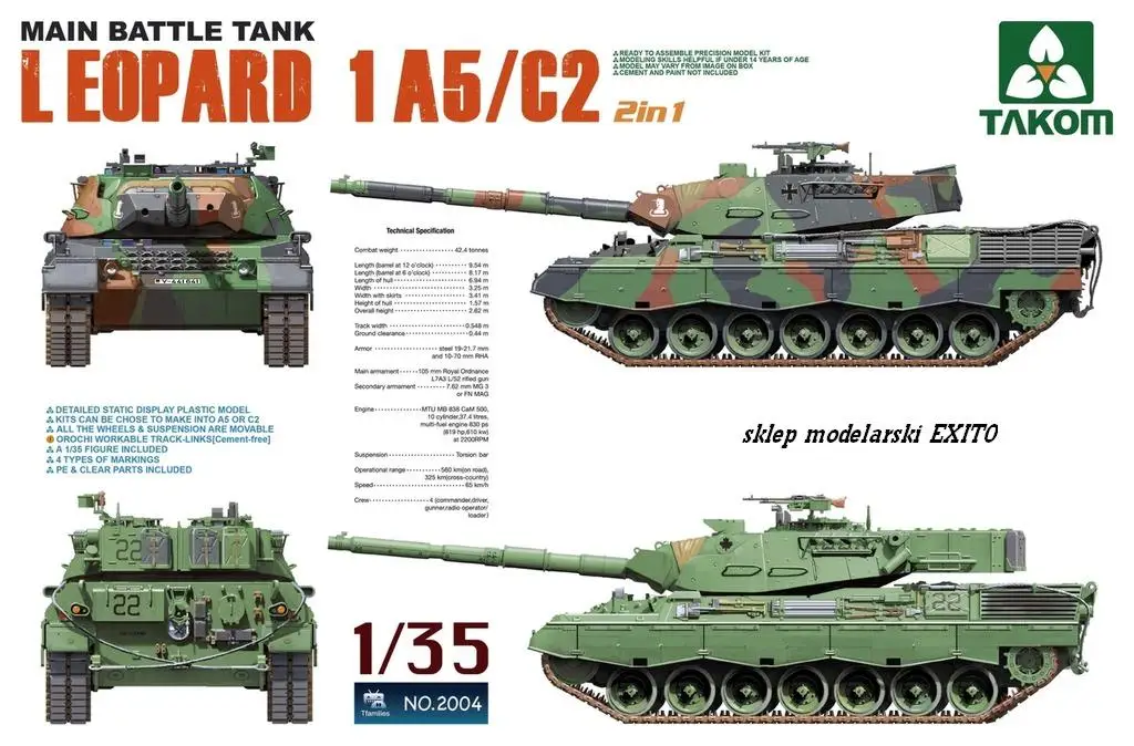 Основной боевой танк TAKOM 2004 1/35 LEOP ARD 1A5/C2 комплект пластиковых моделей 2 в 1 |
