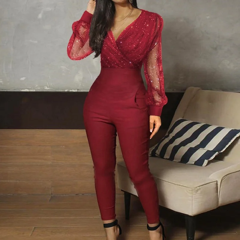 

Female Solid Casual V-neck Full Length Pants Womens Elegant Sequins Mesh Glitter Jumpsuit Party Night Autumn New Spring Rompers