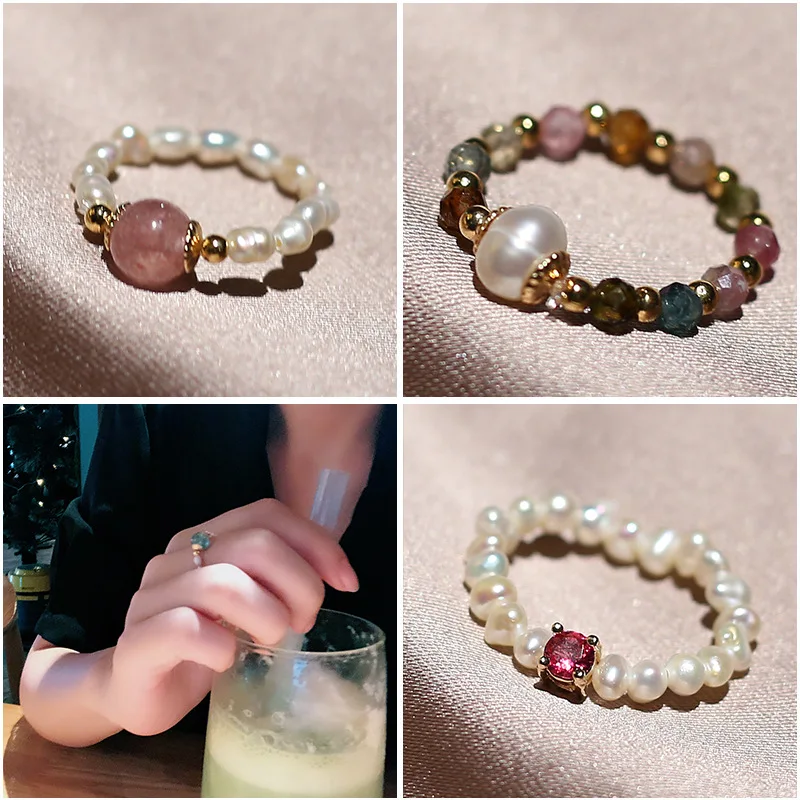 

Жемчужные кольца клубника хрустальный Турмалин Циркон бусина стрейч натуральный камень кольцо для женщин девушек ювелирные подарки ручно...