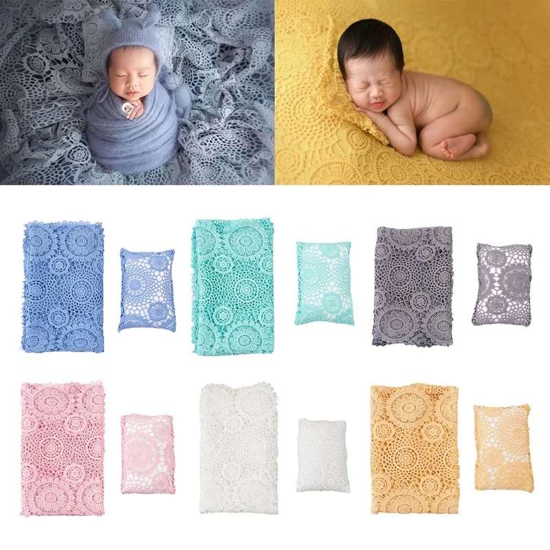 

Baby Hollow Lace Blanket+Pillow Set Infants Swaddling Wrap+Head Cushion Newborn Photography Props Accessories