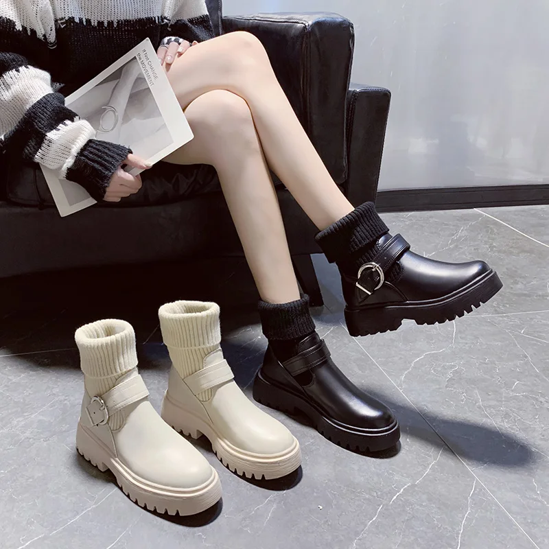 

White Mid-Calf Boots Women's Shoes Round Toe Booties Ladies Winter Footwear Boots-women Low Heels booties Short botas de mujer