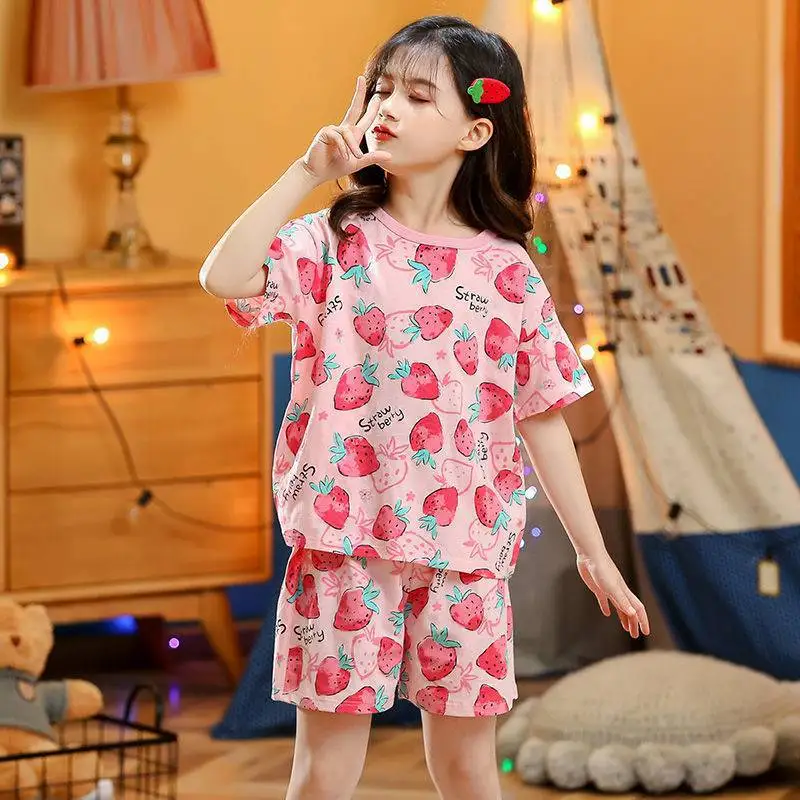 

Teens Girls Clothes Sets Strawberry Boys Girls Pajamas Kids Loungewear Summer Short Sleeve+shorts Suit 3-12Y Children Sleepwear