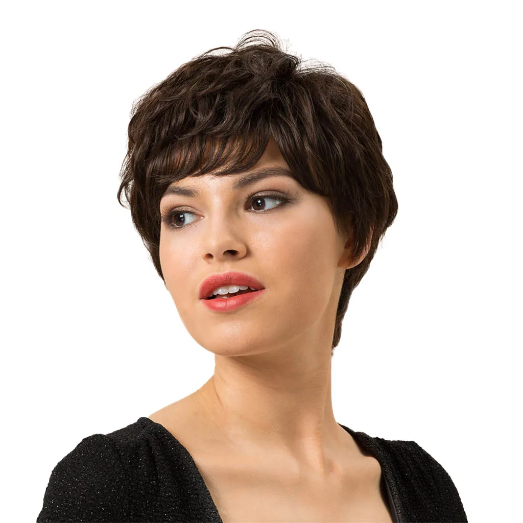 

Human Hair Brown Layered Women Short Curly Wigs 8’’ with Wig Cap