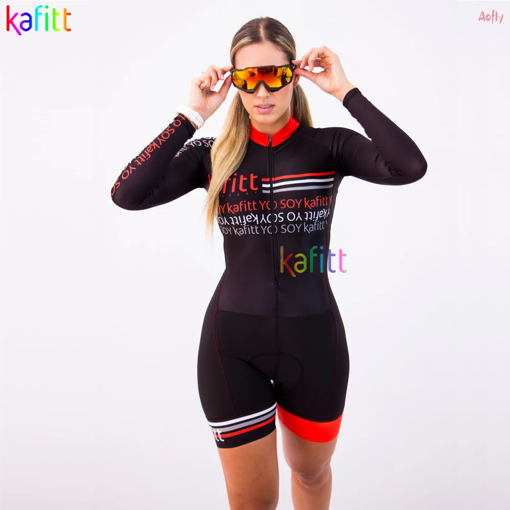 

Kafitt Women's Long Sleeve Clothes Cycling Triathlon Skinsuit Sets MTB Bicycle Conjunto Feminino Ciclismo Jumpsuit Kits Gel Pad