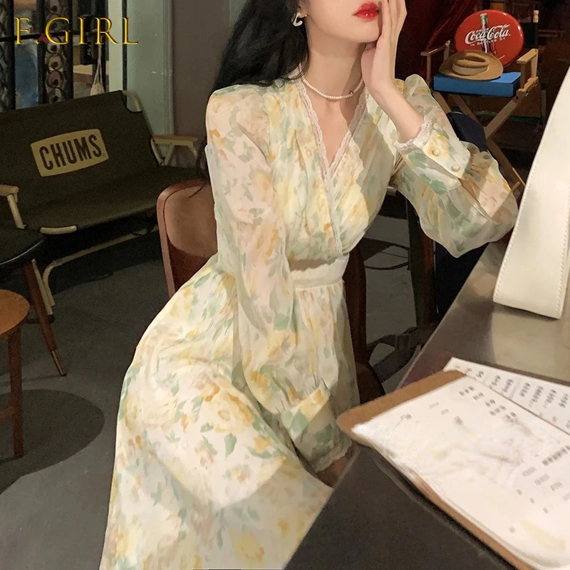 

Vintage Floral Print Maxi Dresses for Women Party Korean V Neck Sweet Long Dress Prairie Chic Long Sleeve Vestido Autumn 2021
