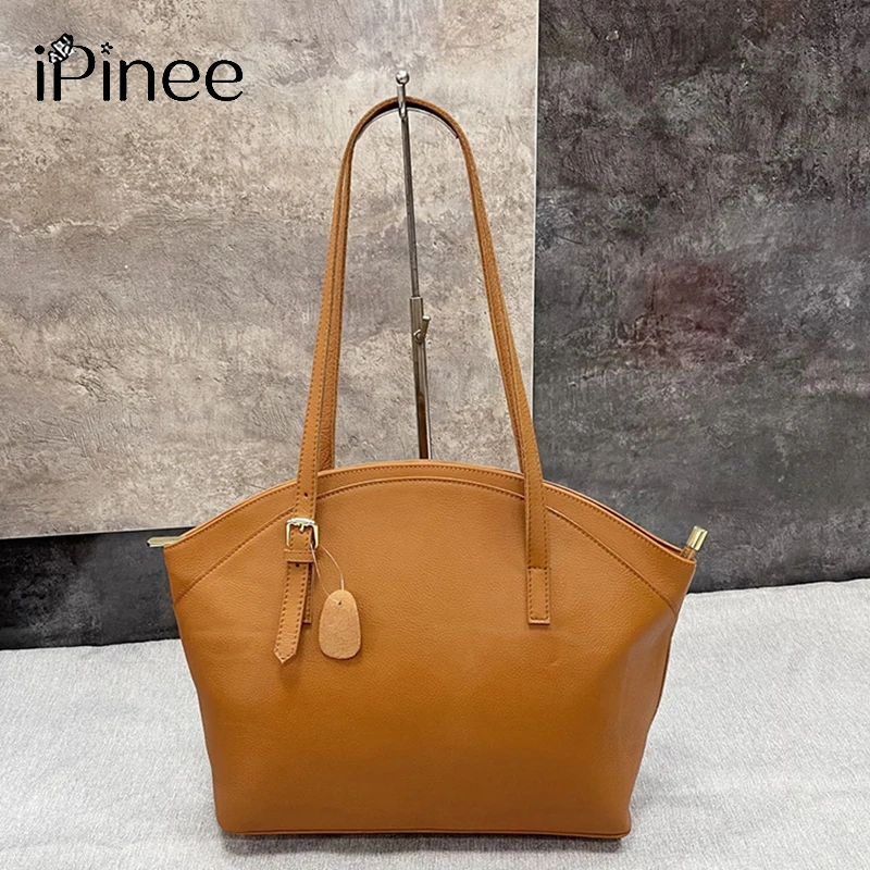 iPinee Lady Genuine Leather Top-handle Basket Tote Women Fashion Hand Carry Shoulder&Crossbody Bucket Bag Large Capacity
