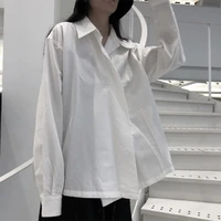 autumn womens new square collar solid color irregular cross hidden button design loose fashion long sleeve shirt