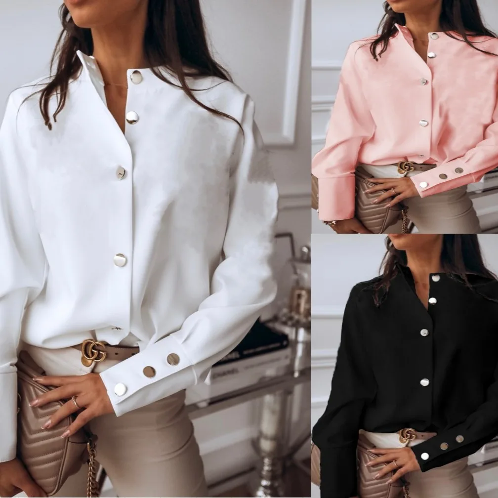 

Donsignet Fashion Women's Blouse New Spring Casual Round Neck Single-breasted Solid Color Loose Plus Size Long-sleeved Blouse