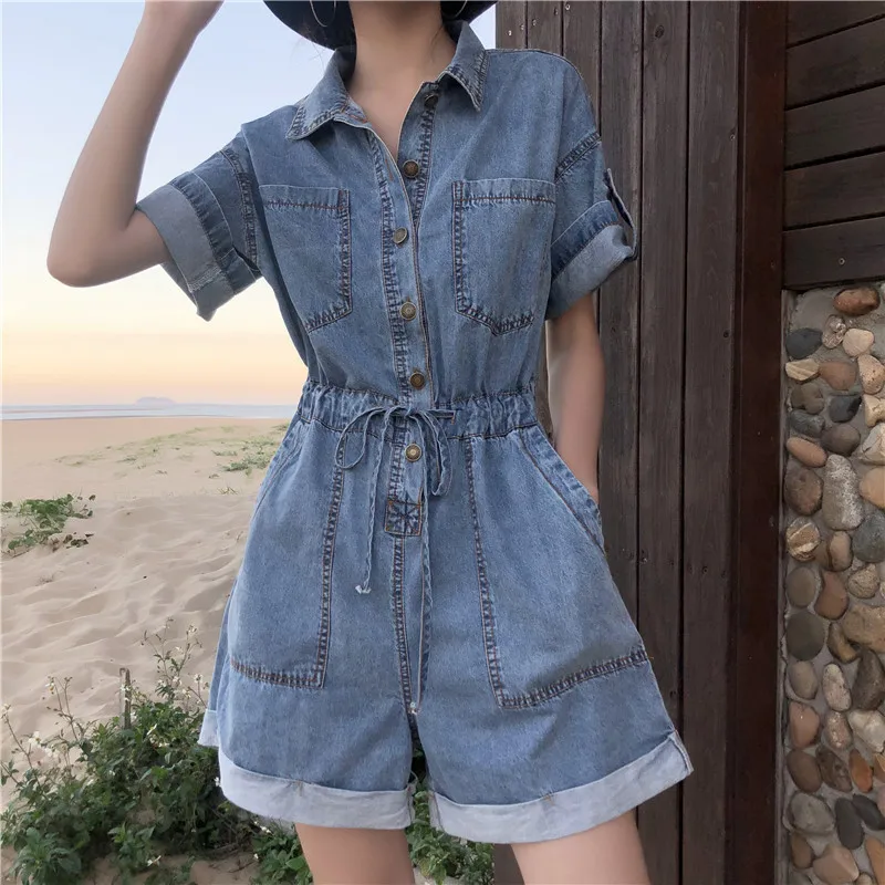 

Summer Women Denim Playsuit Fashion Turn Down Collar Short Sleeve High Waist Jeans Jumpsuit Women Korean Loose Wide Leg Shorts