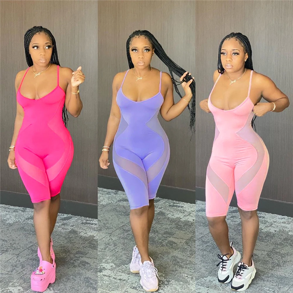 

Sexy Mesh Patchwork Jumpsuit Playsuit For Women Sport Sleeveless Strap Bodycon Slim Rompers Summer Casual Shorts Jumpsuit