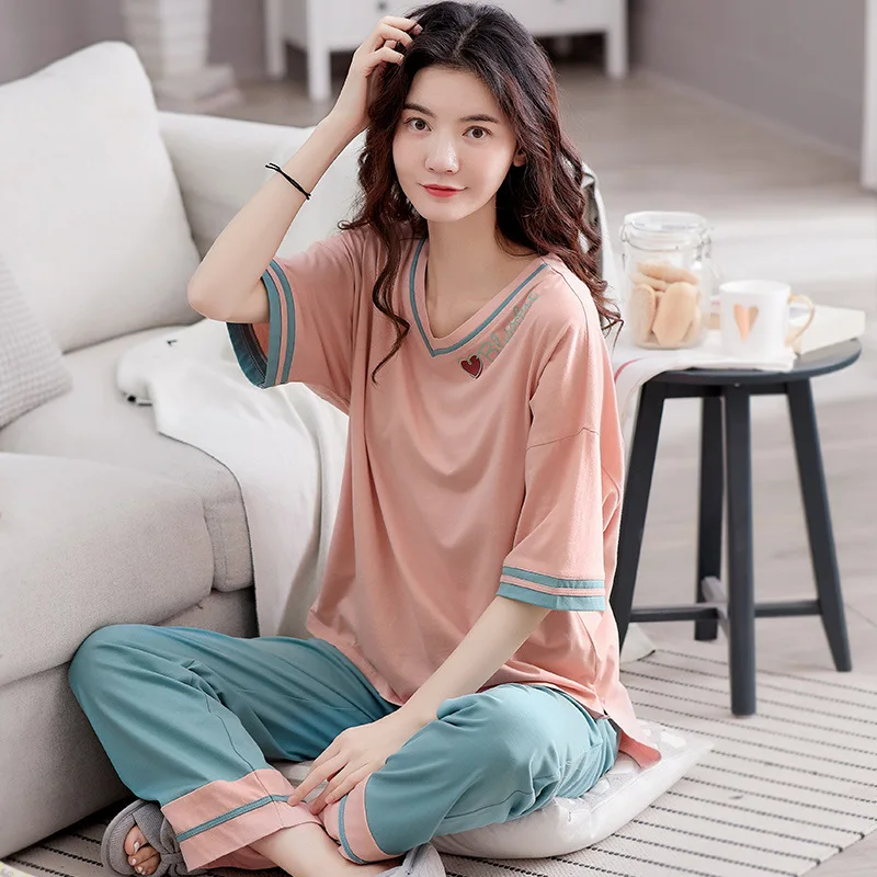 

Young Girl Sleepwear Sets Leisure Clothes Spring Thin Short Sleeved Women Pajamas Fashion Printing Pyjamas Lovely home clothing