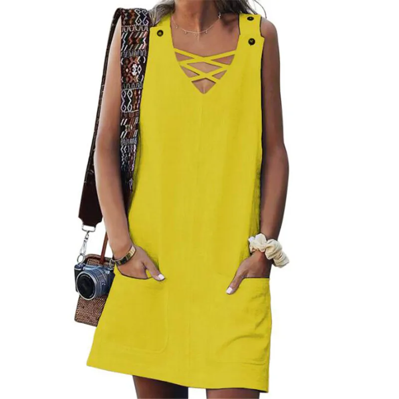 

Fashion Beach Style Dress Women V-Neck Sleeveless Solid Hallow Out Tank Dress Cotton Mini Dress With Pocket