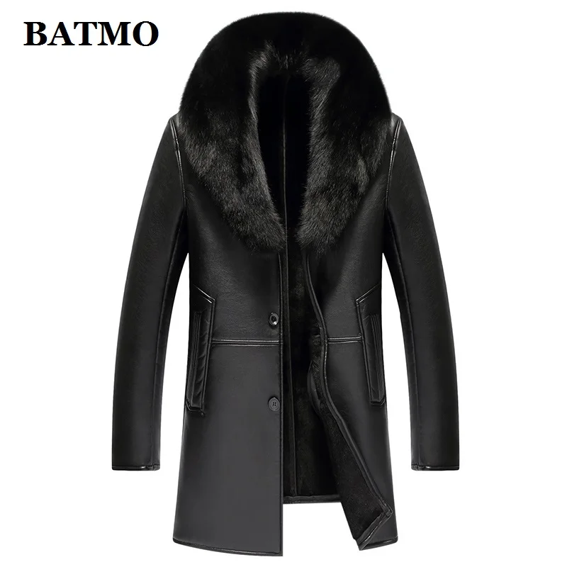 

BATMO 2022 new arrival winter natural leather trench coat men,fox fur collar rain coat men 8889
