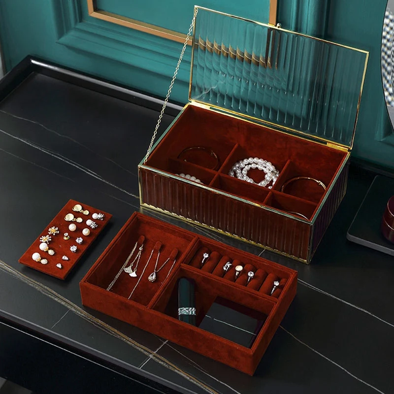 

Luxury Glass Jewelry Storage Box Desktop Necklace Ring Earring Cosmetic Makeup Jewellery Case Organizer Casket Showcase