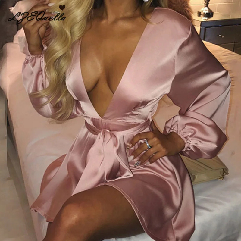 

LZEQuella Pink Satin Sashes Lace Up Mini Dress Women Summer Sexy Deep V Neck Long Sleeve Ruffles Dresses Ladies Party Vestidos
