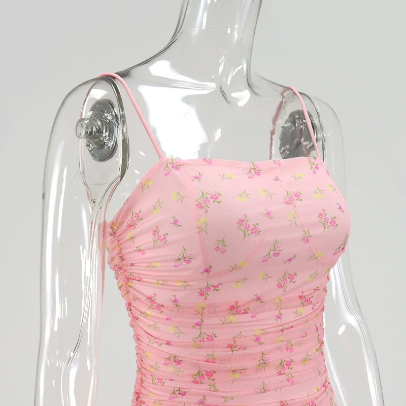 

Floral Women Dress Summer 2020 Sexy Spaghetti Straps Backless Pleated Ruched Mech Dress Casual Sweet Print Bodycon Dress