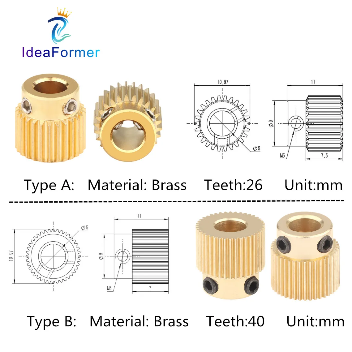 

5Pcs 3D Printer Parts Mk7 MK8 Extruder Feeder Drive Gear Brass Half-teeth Bore 5mm Diameter 11mm 26/40T Feeder Extrusion Wheel.