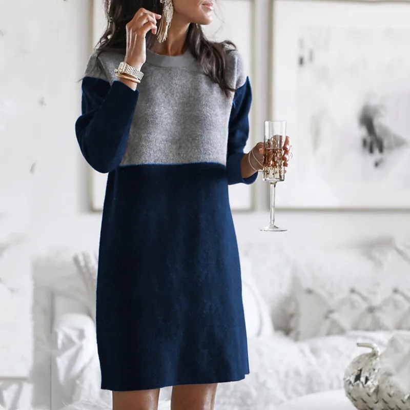 2021 Autumn And Winter Womens Sweater Dresses New Stitching Loose Large Size Round Neck Long Sleeve Woman Dress Vestido De Mujer | Женская