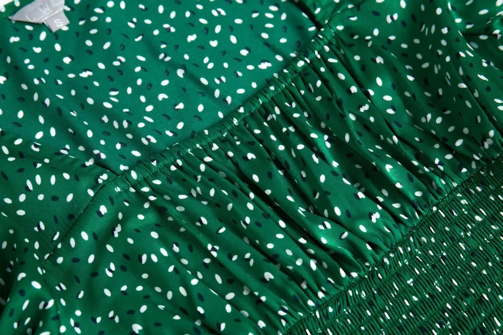 Французская винтажная Осенняя стильная зеленая блузка женская реформация квадратный воротник с длинным рукавом летняя белая рубашка в горошек