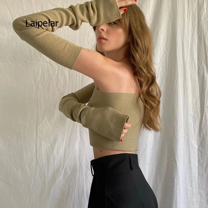 

Ins Style Spring and Autumn Women's Sexy Slim Off Shoulder Chest Wrapped Suit Bottomed T-Shirt