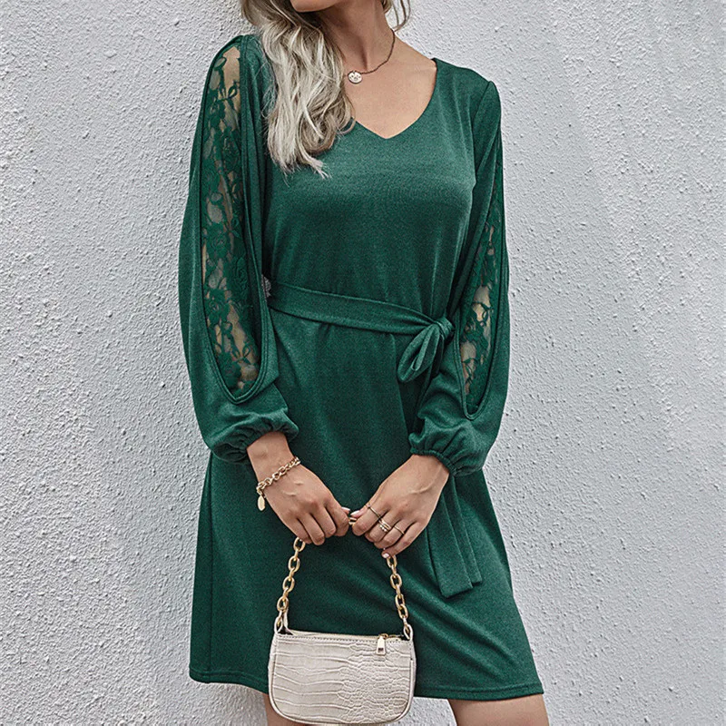 

2020 Plus Size Women Dress Casual Lace Patchwork Slim Mini Dress O-neck Lantern Sleeves Dress