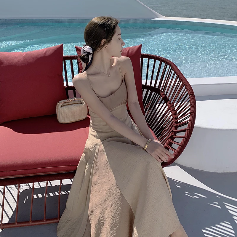 

COIGARSAM Women Long dress Spaghetti Strap High Waist Dresses Ga Color A293