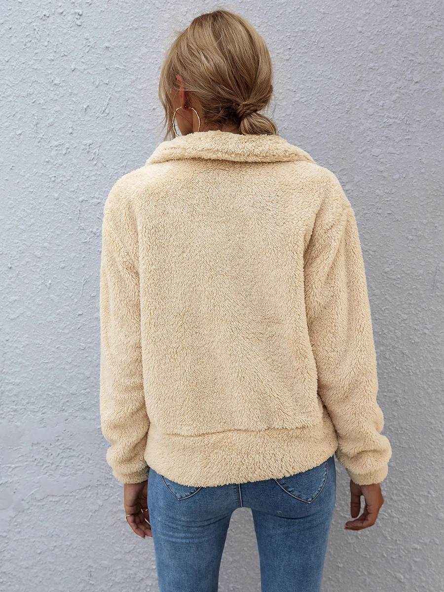 

Winter New Style Ladies Lapel Thickened Pockets Solid Color Straight Plush Cardigan Short Jacket