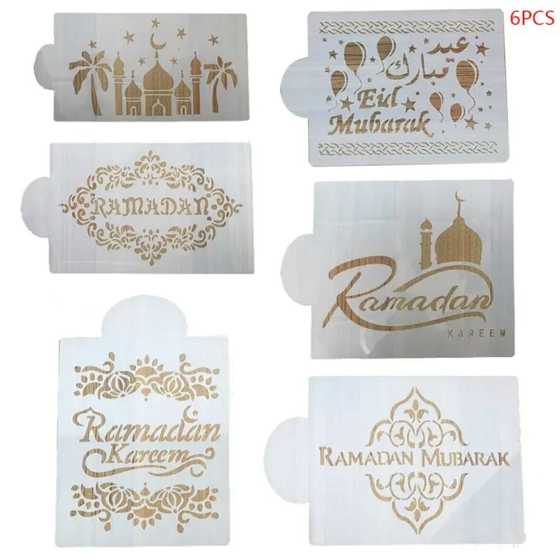 

6Pcs/Set Eid Mubarak Ramadan Coffee Flower Spray Stencils Cake Decorating DIY Template Sugar Powder Sieve P15D