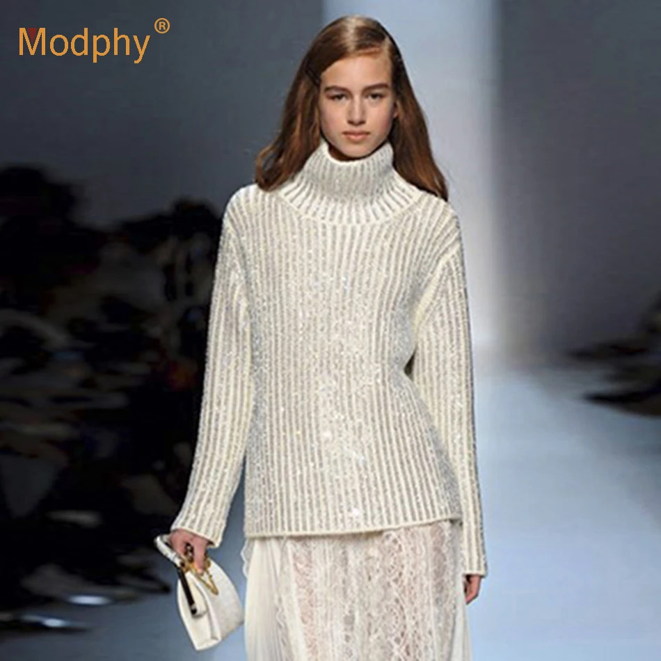 2021 Autumn Winter New Cashmere Sweater Ladies White Sequined Turtleneck Pullover Women Fashion Loose Long-Sleeved Sweaters | Женская