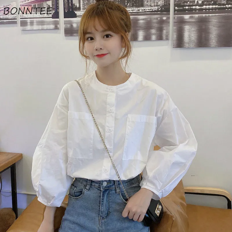 Women Shirts Autumn New O-neck Lantern Sleeve Single Breasted Korean Style Girls Sweet Leisure Simple Clothing Tops Blouses Chic