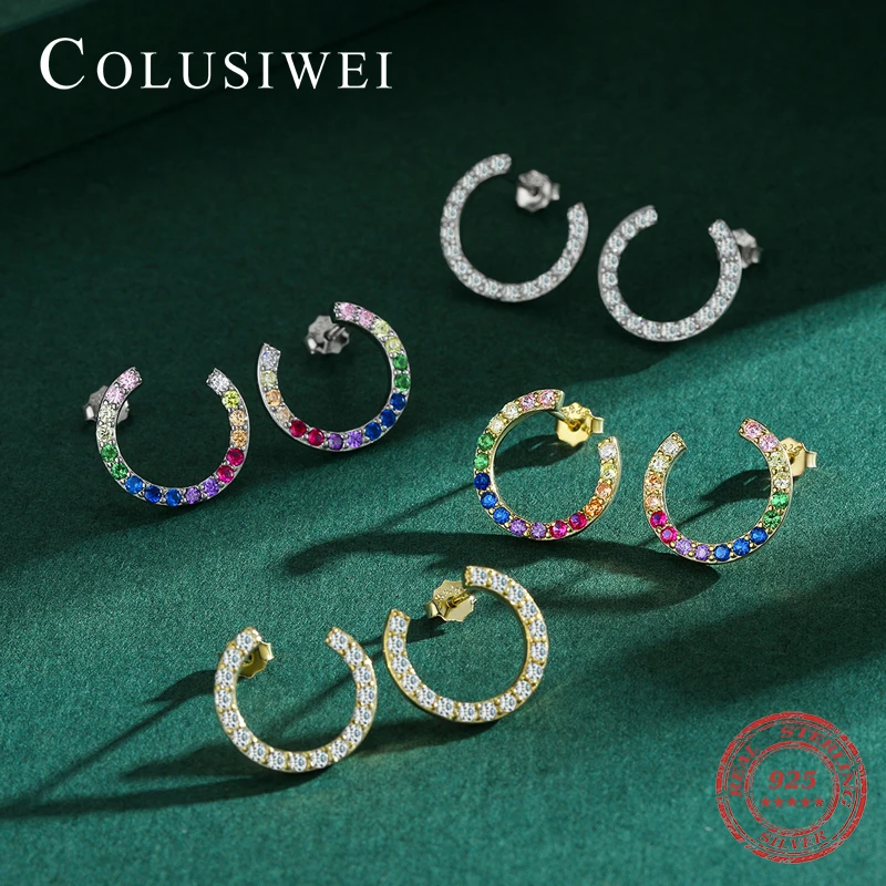 

Colusiwer New 925 Sterling Silver Rainbow Colorful CZ C-Shape Small Stud Earrings for Women Vintage Earrings Party Jewelry Gift